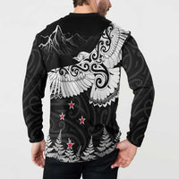 New Zealand Kea Bird Button Sweatshirt Maori Tattoo and Silver Fern Black Color LT03 - Polynesian Pride