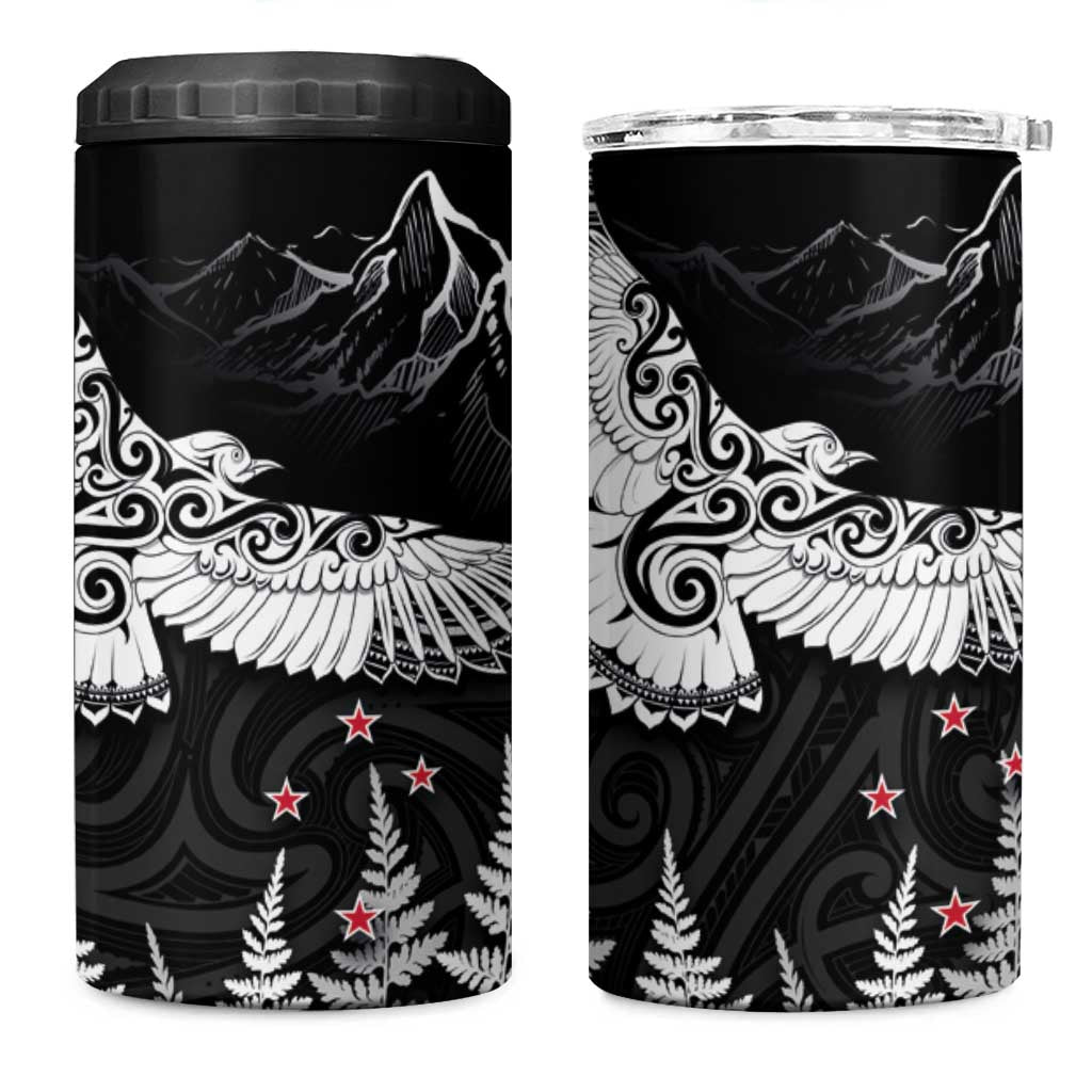 New Zealand Kea Bird 4 in 1 Can Cooler Tumbler Maori Tattoo and Silver Fern Black Color