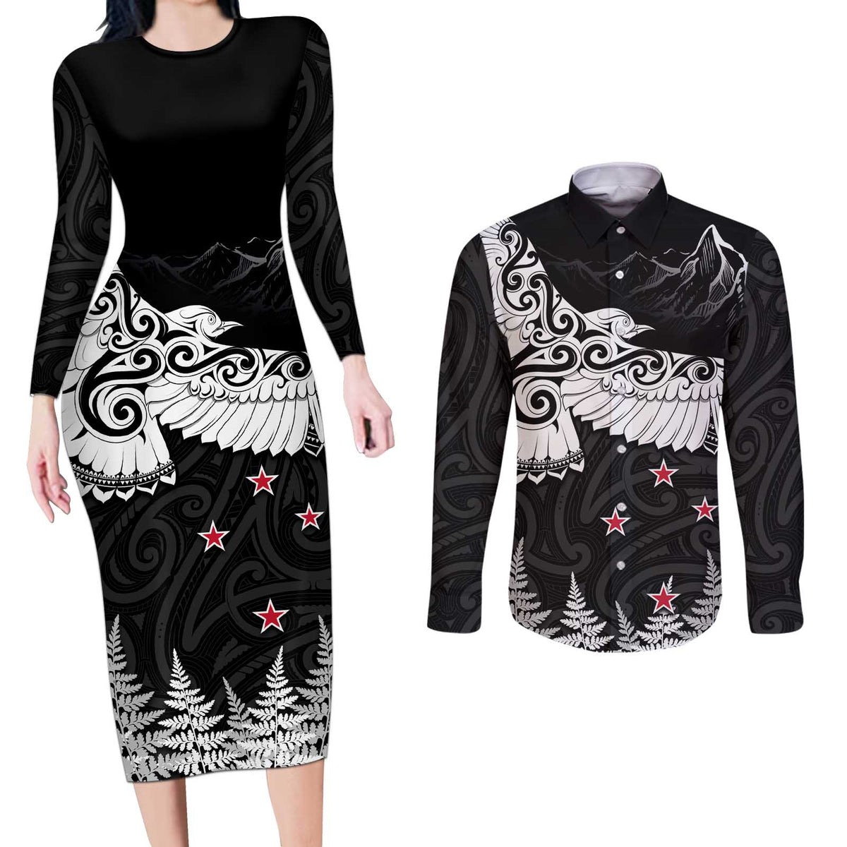 New Zealand Kea Bird Couples Matching Long Sleeve Bodycon Dress and Long Sleeve Button Shirt Maori Tattoo and Silver Fern Black Color LT03 Black - Polynesian Pride