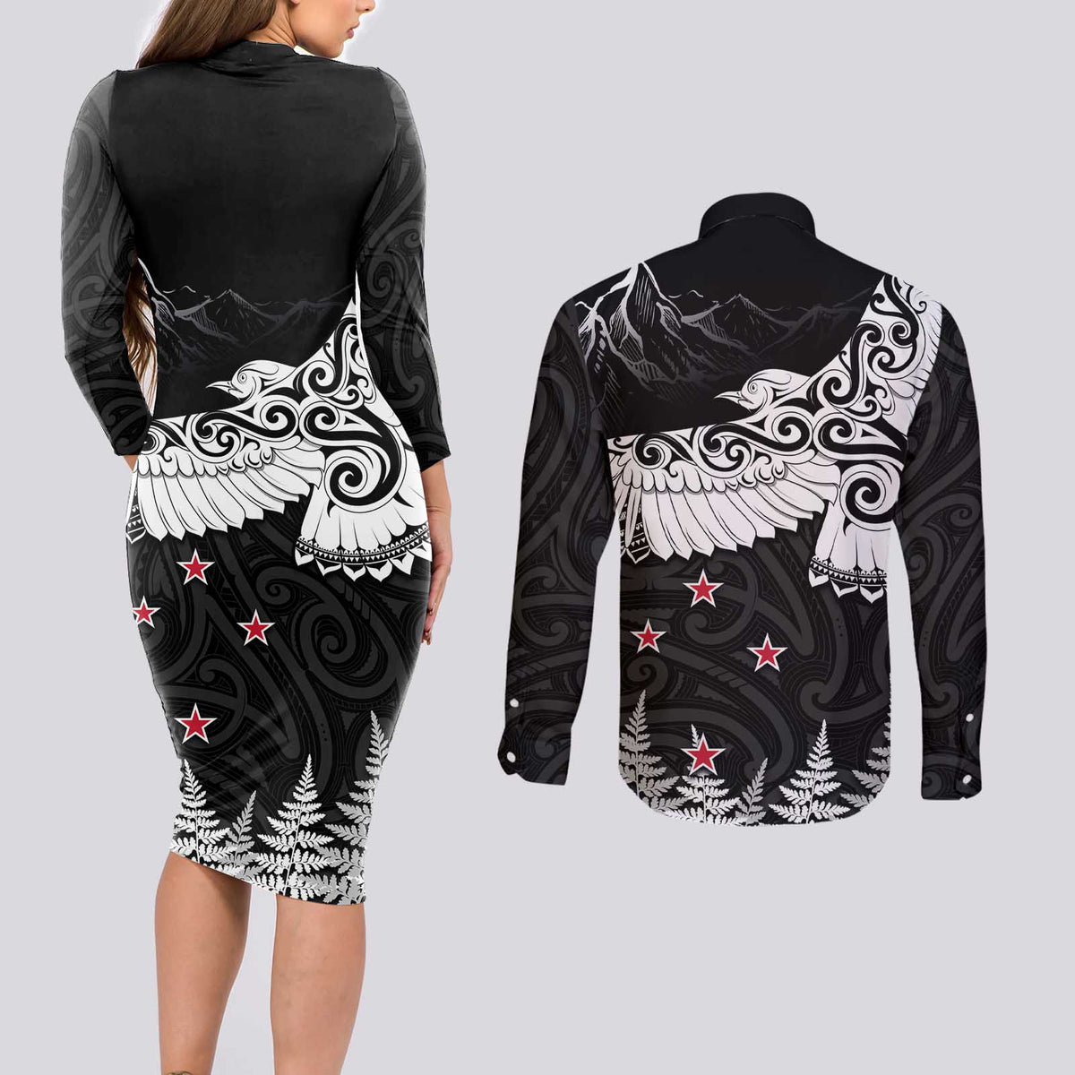 New Zealand Kea Bird Couples Matching Long Sleeve Bodycon Dress and Long Sleeve Button Shirt Maori Tattoo and Silver Fern Black Color LT03 - Polynesian Pride