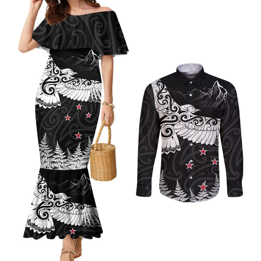 New Zealand Kea Bird Couples Matching Mermaid Dress and Long Sleeve Button Shirt Maori Tattoo and Silver Fern Black Color LT03 Black - Polynesian Pride