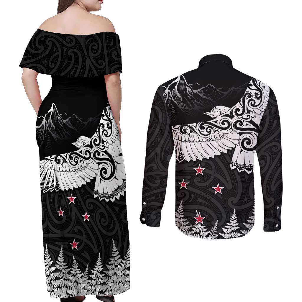 New Zealand Kea Bird Couples Matching Off Shoulder Maxi Dress and Long Sleeve Button Shirt Maori Tattoo and Silver Fern Black Color LT03 - Polynesian Pride