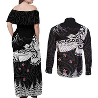 New Zealand Kea Bird Couples Matching Off Shoulder Maxi Dress and Long Sleeve Button Shirt Maori Tattoo and Silver Fern Black Color LT03 - Polynesian Pride