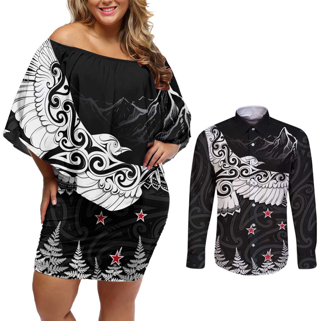 New Zealand Kea Bird Couples Matching Off Shoulder Short Dress and Long Sleeve Button Shirt Maori Tattoo and Silver Fern Black Color LT03 Black - Polynesian Pride