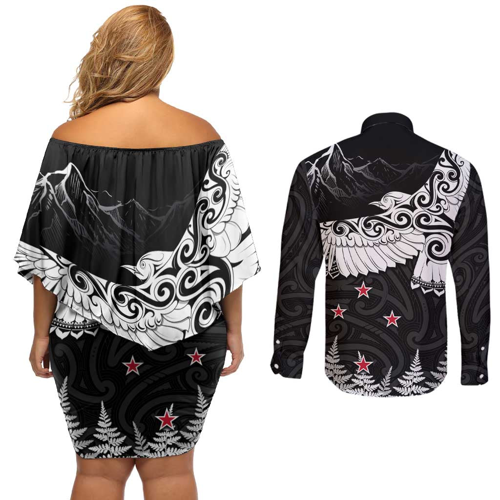 New Zealand Kea Bird Couples Matching Off Shoulder Short Dress and Long Sleeve Button Shirt Maori Tattoo and Silver Fern Black Color LT03 - Polynesian Pride