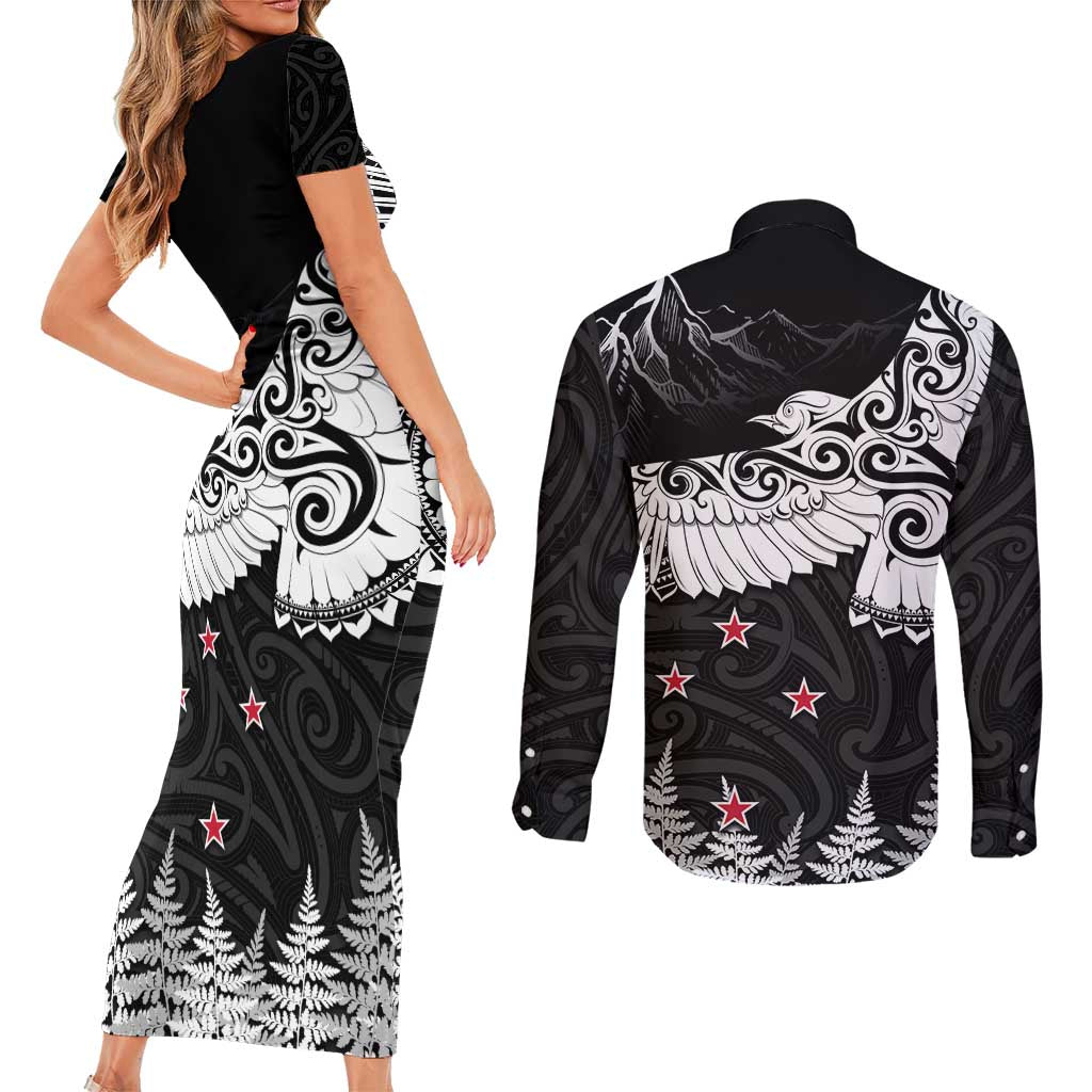 New Zealand Kea Bird Couples Matching Short Sleeve Bodycon Dress and Long Sleeve Button Shirt Maori Tattoo and Silver Fern Black Color LT03 - Polynesian Pride