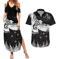 New Zealand Kea Bird Couples Matching Summer Maxi Dress and Hawaiian Shirt Maori Tattoo and Silver Fern Black Color LT03 Black - Polynesian Pride
