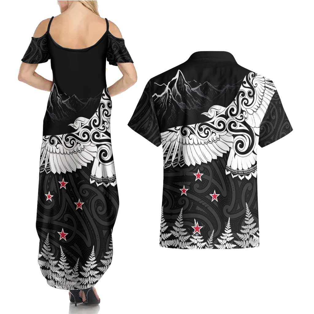 New Zealand Kea Bird Couples Matching Summer Maxi Dress and Hawaiian Shirt Maori Tattoo and Silver Fern Black Color LT03 - Polynesian Pride
