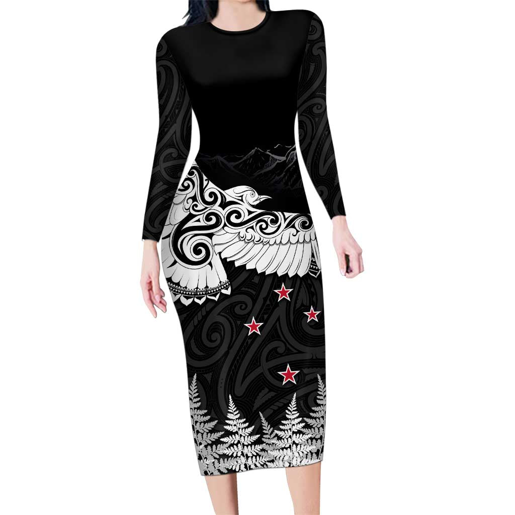 New Zealand Kea Bird Family Matching Long Sleeve Bodycon Dress and Hawaiian Shirt Maori Tattoo and Silver Fern Black Color