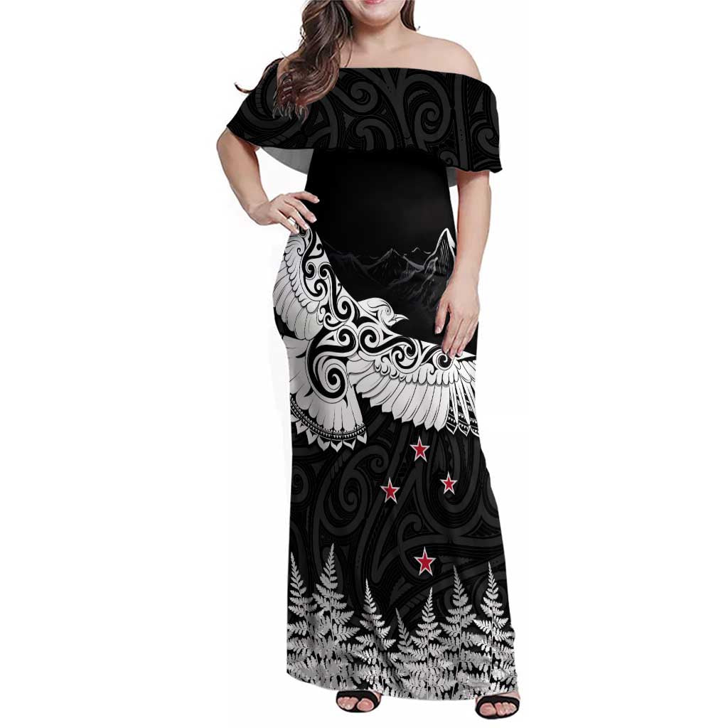 New Zealand Kea Bird Family Matching Off Shoulder Maxi Dress and Hawaiian Shirt Maori Tattoo and Silver Fern Black Color LT03 Mom's Dress Black - Polynesian Pride