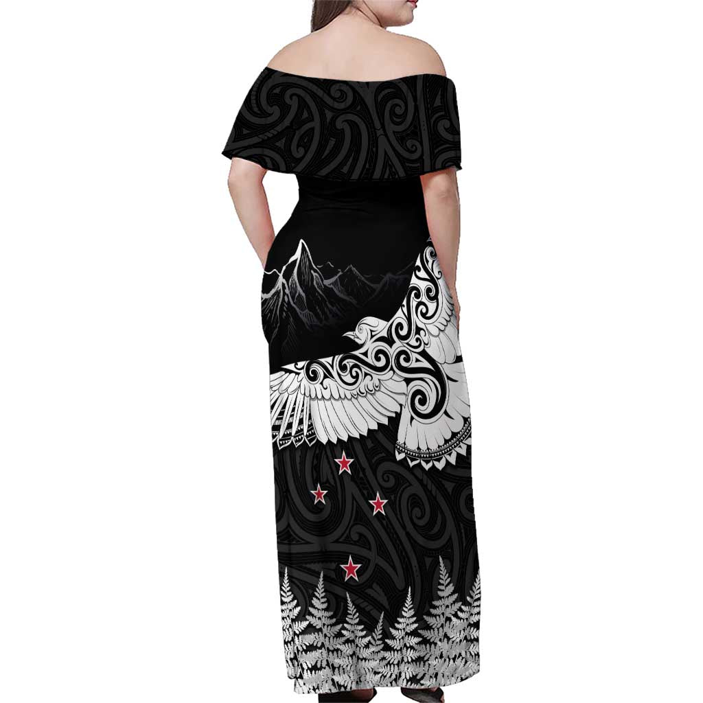 New Zealand Kea Bird Family Matching Off Shoulder Maxi Dress and Hawaiian Shirt Maori Tattoo and Silver Fern Black Color LT03 - Polynesian Pride