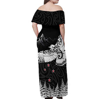 New Zealand Kea Bird Family Matching Off Shoulder Maxi Dress and Hawaiian Shirt Maori Tattoo and Silver Fern Black Color LT03 - Polynesian Pride