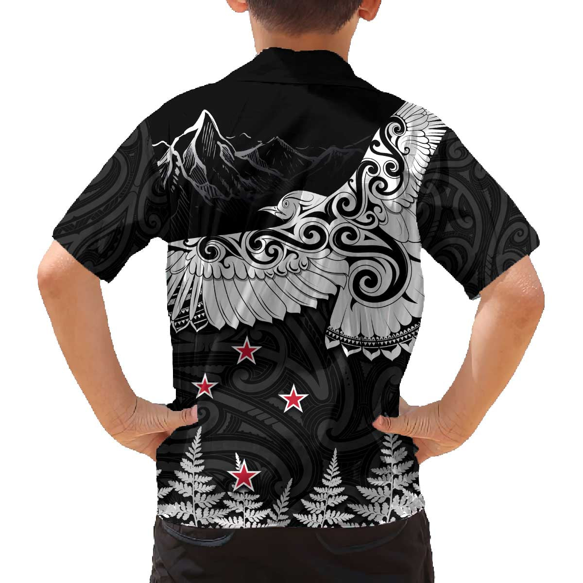 New Zealand Kea Bird Family Matching Off Shoulder Short Dress and Hawaiian Shirt Maori Tattoo and Silver Fern Black Color LT03 - Polynesian Pride