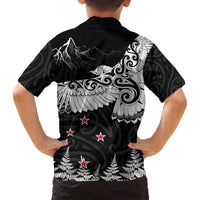 New Zealand Kea Bird Family Matching Off Shoulder Short Dress and Hawaiian Shirt Maori Tattoo and Silver Fern Black Color LT03 - Polynesian Pride