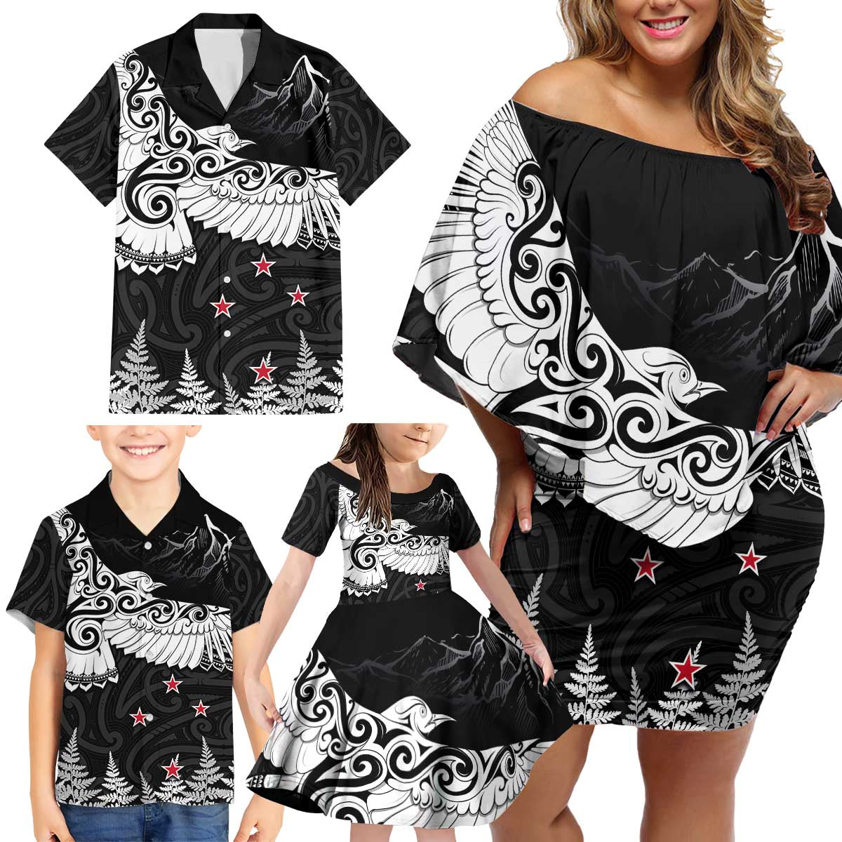 New Zealand Kea Bird Family Matching Off Shoulder Short Dress and Hawaiian Shirt Maori Tattoo and Silver Fern Black Color LT03 - Polynesian Pride