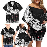 New Zealand Kea Bird Family Matching Off Shoulder Short Dress and Hawaiian Shirt Maori Tattoo and Silver Fern Black Color LT03 - Polynesian Pride