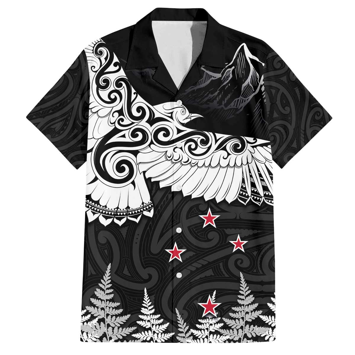 New Zealand Kea Bird Family Matching Off Shoulder Short Dress and Hawaiian Shirt Maori Tattoo and Silver Fern Black Color LT03 Dad's Shirt - Short Sleeve Black - Polynesian Pride