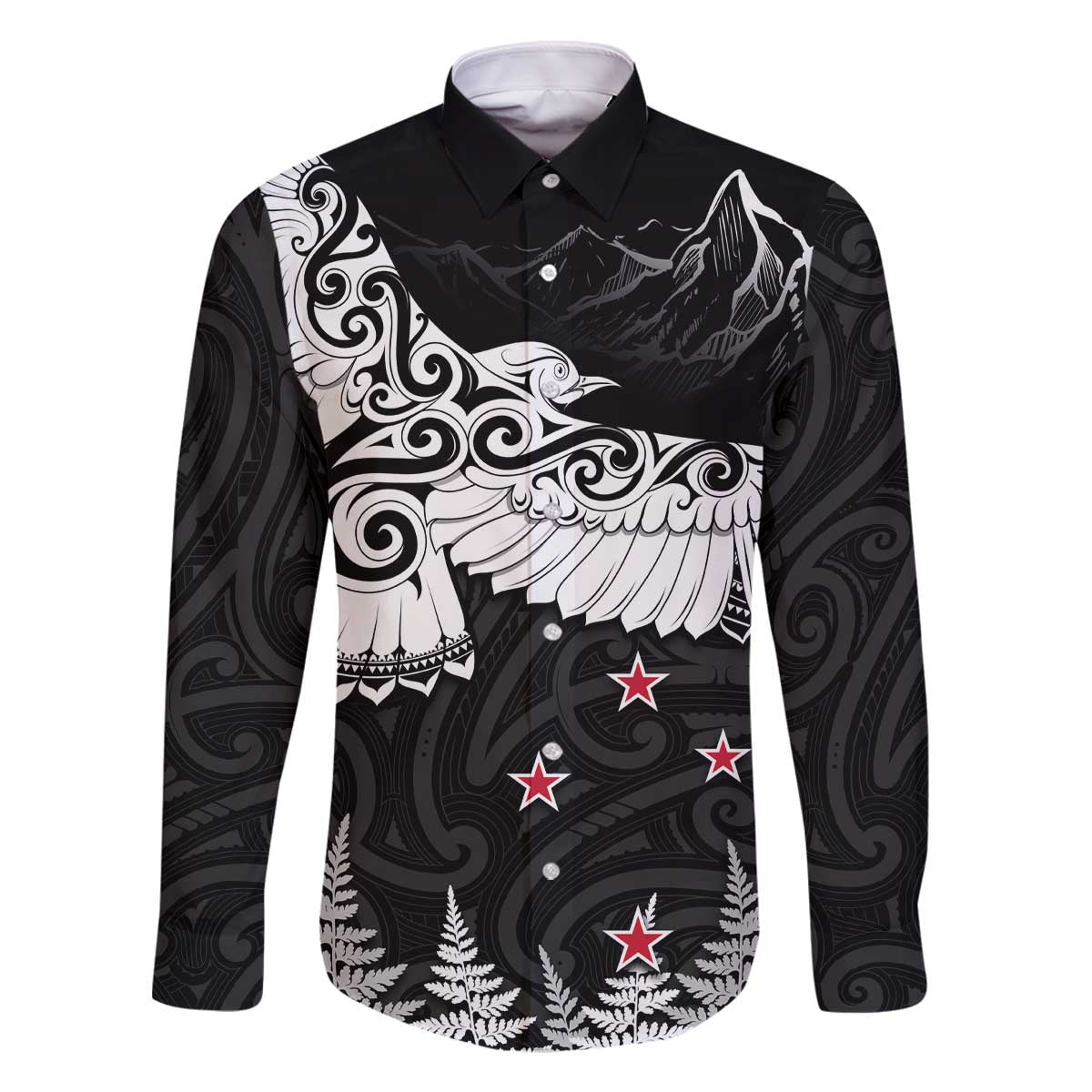 New Zealand Kea Bird Family Matching Off Shoulder Short Dress and Hawaiian Shirt Maori Tattoo and Silver Fern Black Color LT03 Dad's Shirt - Long Sleeve Black - Polynesian Pride