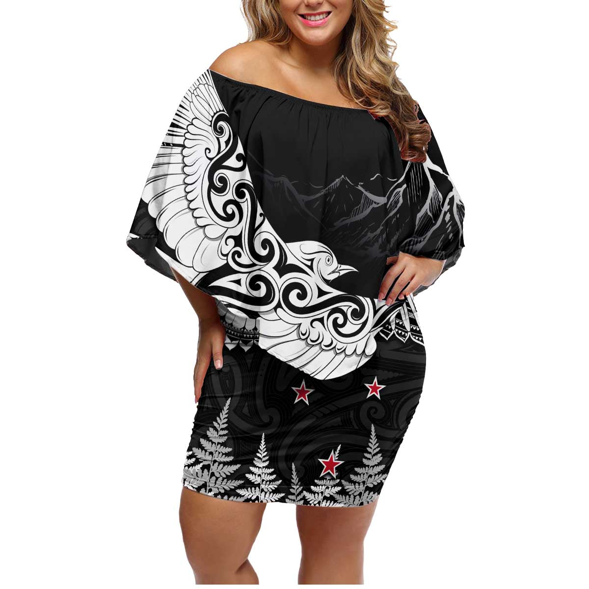 New Zealand Kea Bird Family Matching Off Shoulder Short Dress and Hawaiian Shirt Maori Tattoo and Silver Fern Black Color LT03 Mom's Dress Black - Polynesian Pride