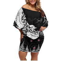New Zealand Kea Bird Family Matching Off Shoulder Short Dress and Hawaiian Shirt Maori Tattoo and Silver Fern Black Color LT03 Mom's Dress Black - Polynesian Pride