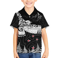 New Zealand Kea Bird Family Matching Off Shoulder Short Dress and Hawaiian Shirt Maori Tattoo and Silver Fern Black Color LT03 Son's Shirt Black - Polynesian Pride
