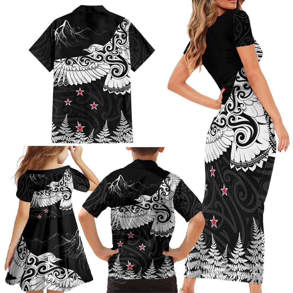 New Zealand Kea Bird Family Matching Short Sleeve Bodycon Dress and Hawaiian Shirt Maori Tattoo and Silver Fern Black Color LT03 - Polynesian Pride