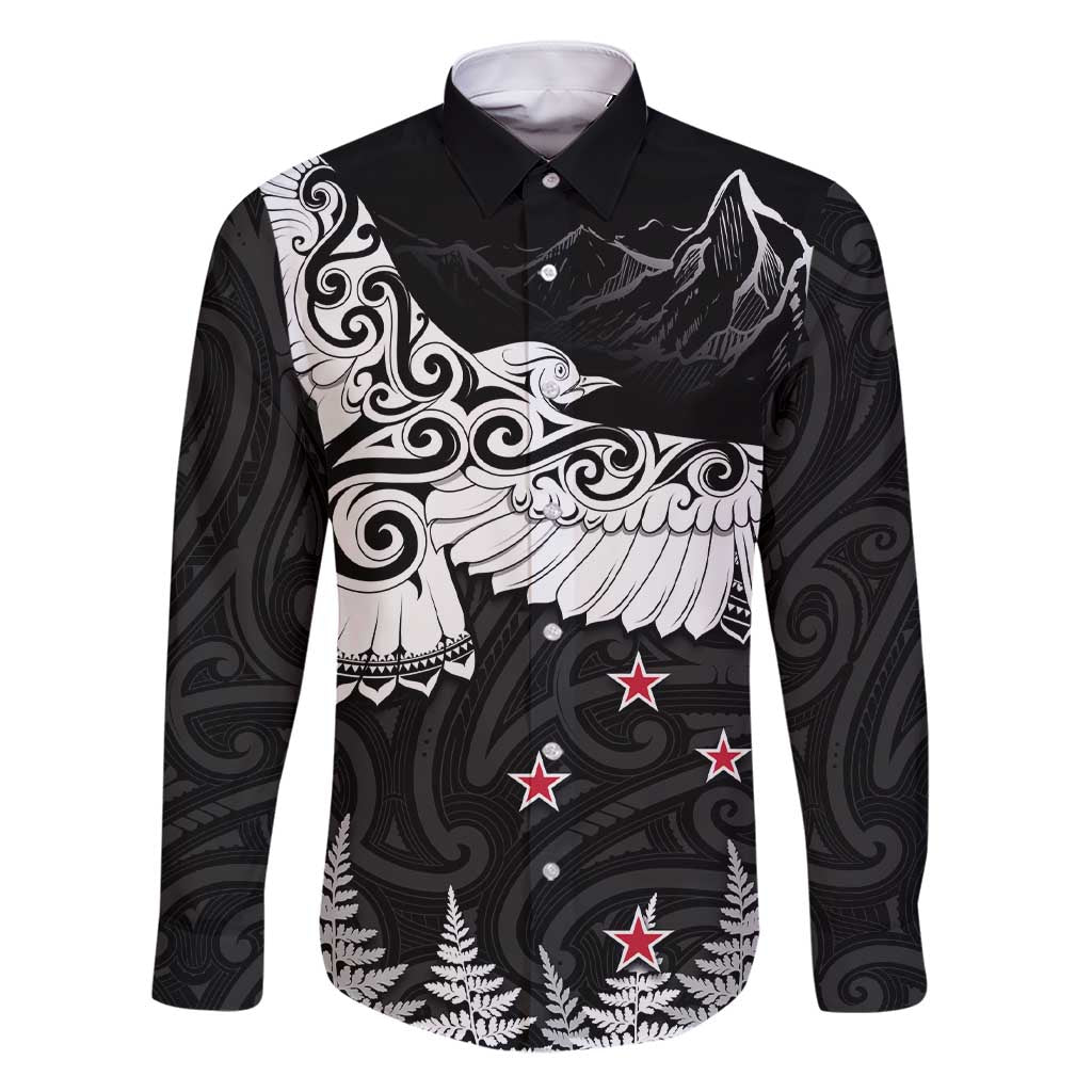 New Zealand Kea Bird Family Matching Short Sleeve Bodycon Dress and Hawaiian Shirt Maori Tattoo and Silver Fern Black Color LT03 Dad's Shirt - Long Sleeve Black - Polynesian Pride