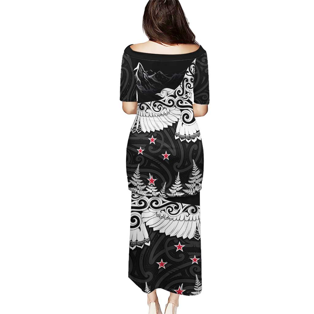 New Zealand Kea Bird Puletasi Maori Tattoo and Silver Fern Black Color