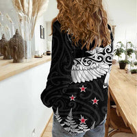 New Zealand Kea Bird Women Casual Shirt Maori Tattoo and Silver Fern Black Color LT03 - Polynesian Pride