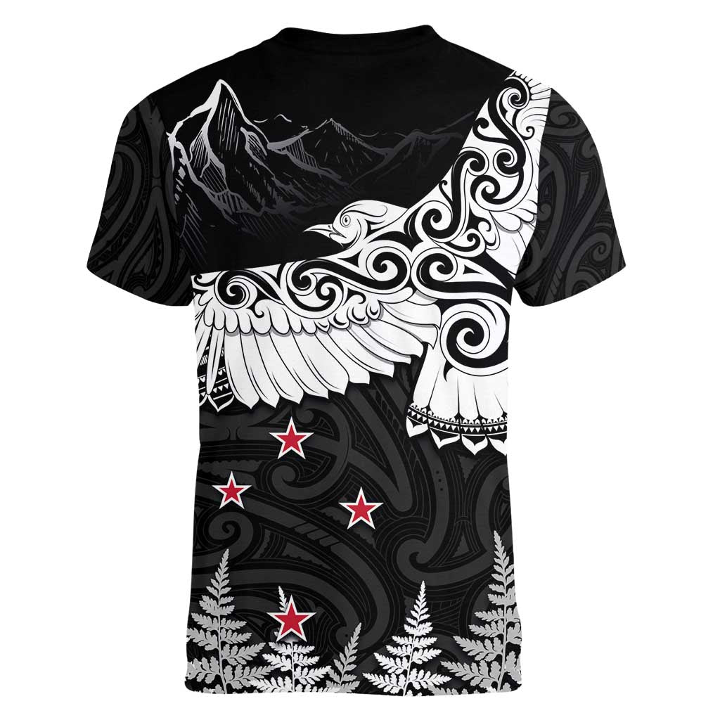 New Zealand Kea Bird Women V-Neck T-Shirt Maori Tattoo and Silver Fern Black Color LT03 - Polynesian Pride