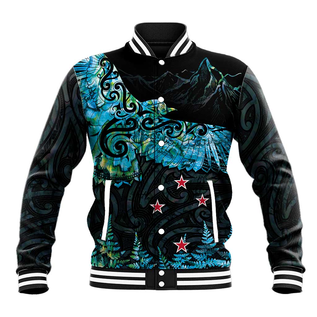 New Zealand Kea Bird Baseball Jacket Maori Tattoo and Silver Fern Paua Shell Style LT03 Unisex Black - Polynesian Pride