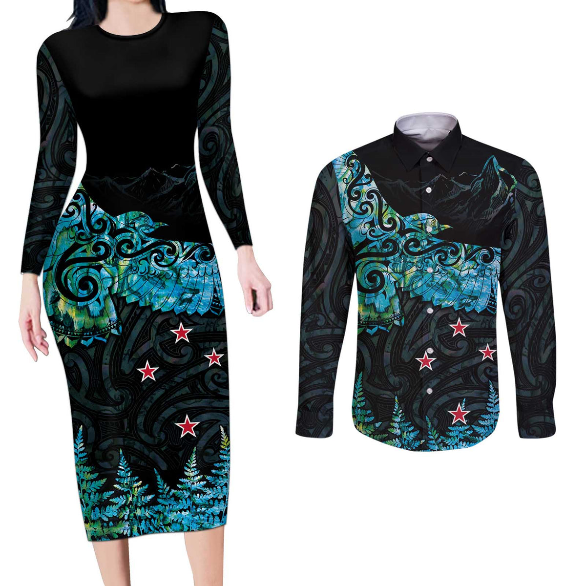 New Zealand Kea Bird Couples Matching Long Sleeve Bodycon Dress and Long Sleeve Button Shirt Maori Tattoo and Silver Fern Paua Shell Style LT03 Black - Polynesian Pride