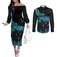 New Zealand Kea Bird Couples Matching Off The Shoulder Long Sleeve Dress and Long Sleeve Button Shirt Maori Tattoo and Silver Fern Paua Shell Style LT03 Black - Polynesian Pride