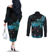 New Zealand Kea Bird Couples Matching Off The Shoulder Long Sleeve Dress and Long Sleeve Button Shirt Maori Tattoo and Silver Fern Paua Shell Style LT03 - Polynesian Pride