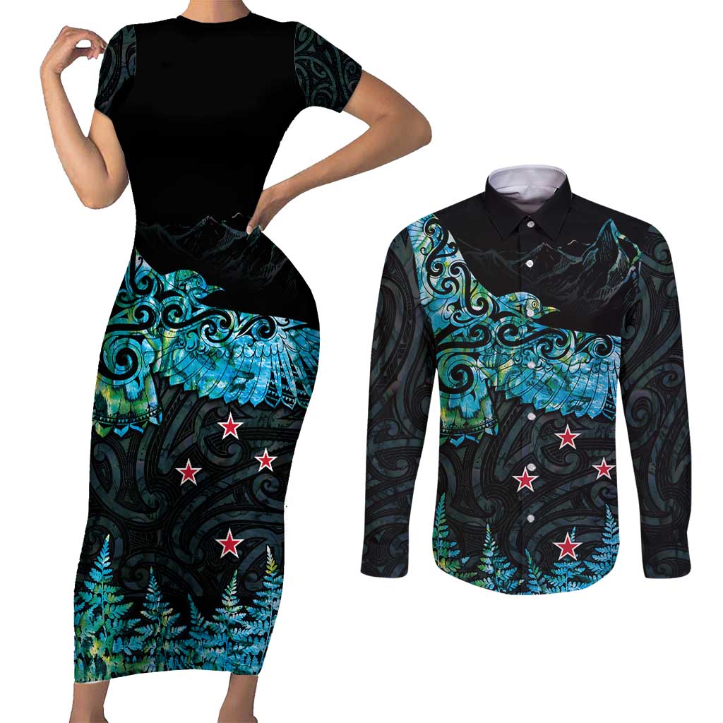 New Zealand Kea Bird Couples Matching Short Sleeve Bodycon Dress and Long Sleeve Button Shirt Maori Tattoo and Silver Fern Paua Shell Style LT03 Black - Polynesian Pride