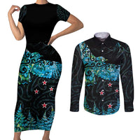 New Zealand Kea Bird Couples Matching Short Sleeve Bodycon Dress and Long Sleeve Button Shirt Maori Tattoo and Silver Fern Paua Shell Style LT03 Black - Polynesian Pride