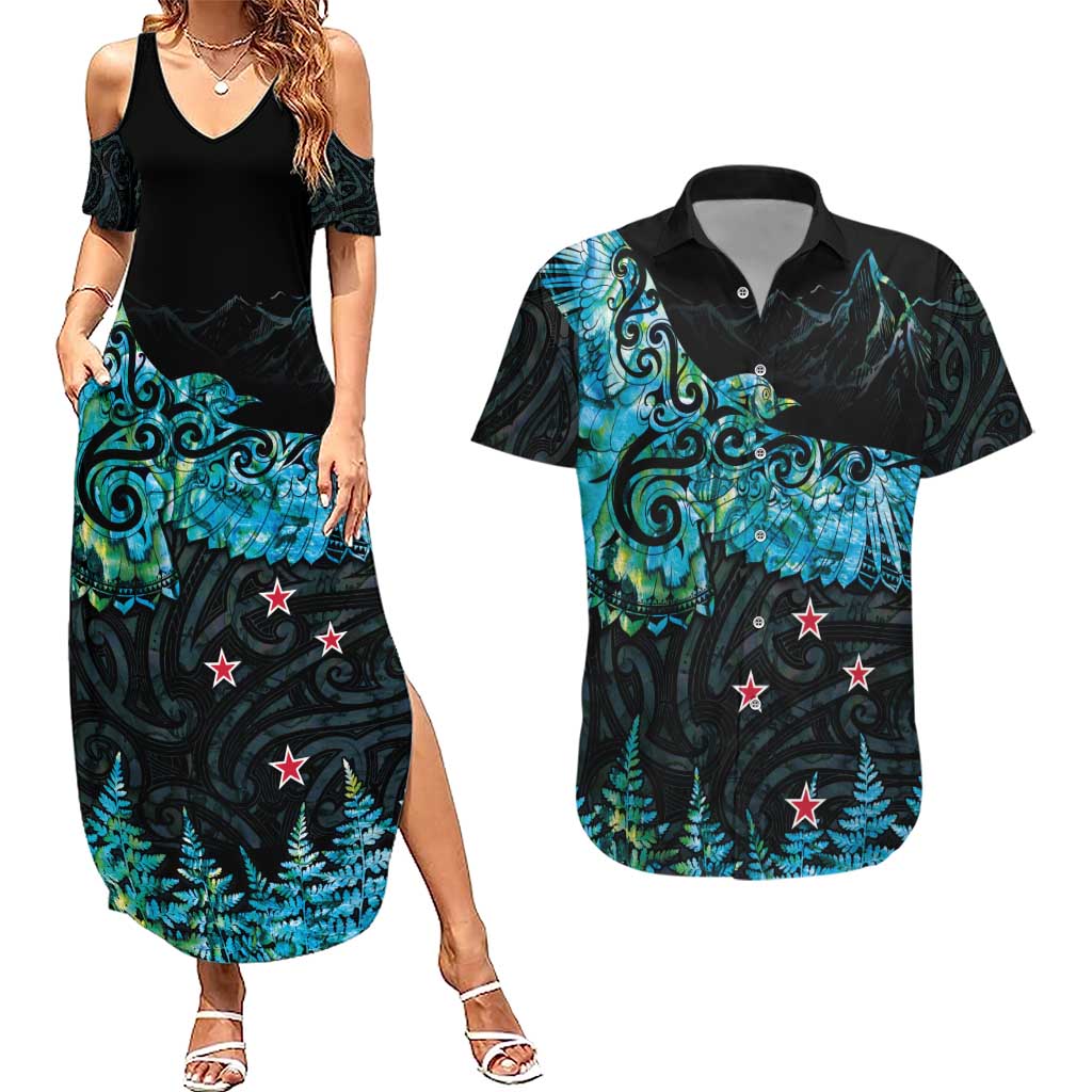 New Zealand Kea Bird Couples Matching Summer Maxi Dress and Hawaiian Shirt Maori Tattoo and Silver Fern Paua Shell Style LT03 Black - Polynesian Pride