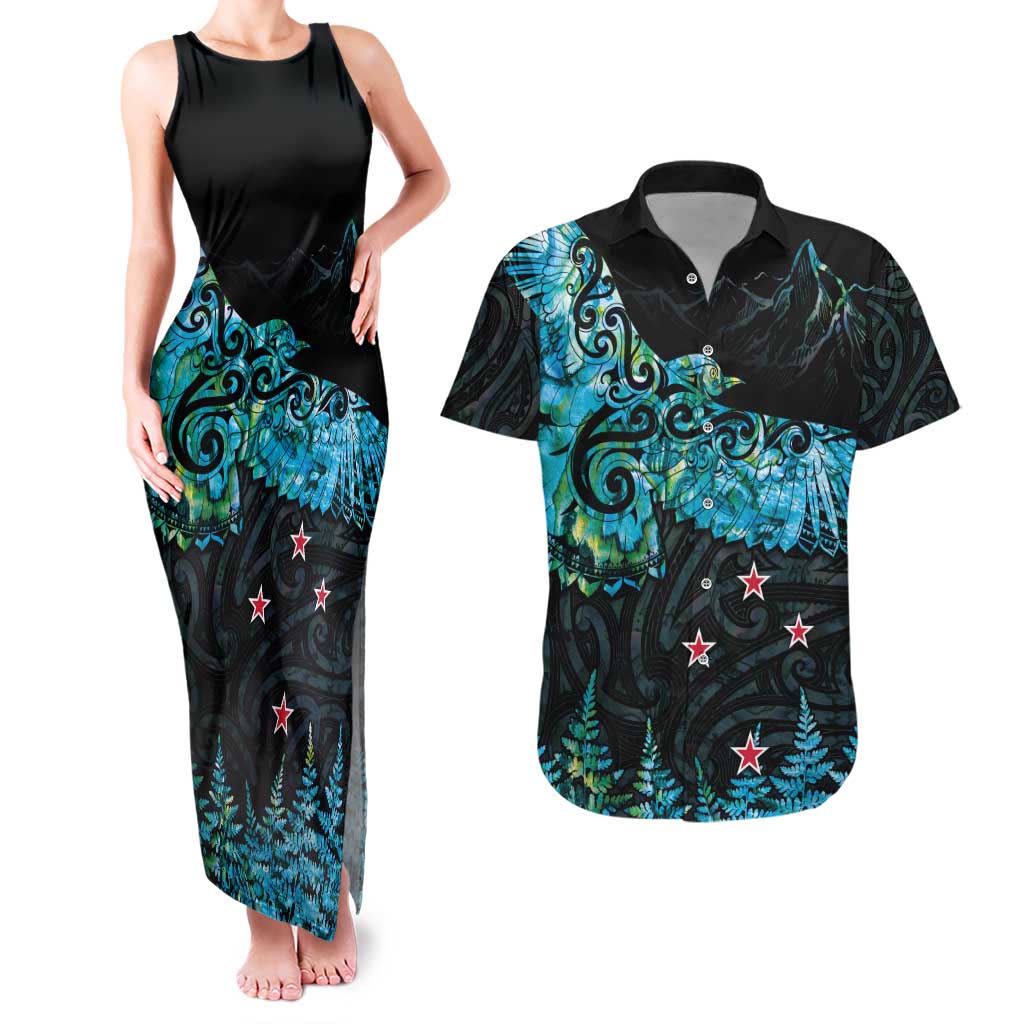 New Zealand Kea Bird Couples Matching Tank Maxi Dress and Hawaiian Shirt Maori Tattoo and Silver Fern Paua Shell Style LT03 Black - Polynesian Pride