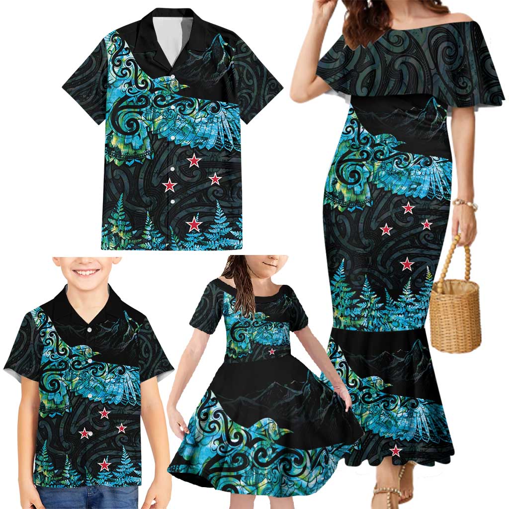 New Zealand Kea Bird Family Matching Mermaid Dress and Hawaiian Shirt Maori Tattoo and Silver Fern Paua Shell Style LT03 - Polynesian Pride