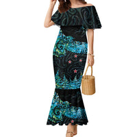 New Zealand Kea Bird Family Matching Mermaid Dress and Hawaiian Shirt Maori Tattoo and Silver Fern Paua Shell Style LT03 Mom's Dress Black - Polynesian Pride