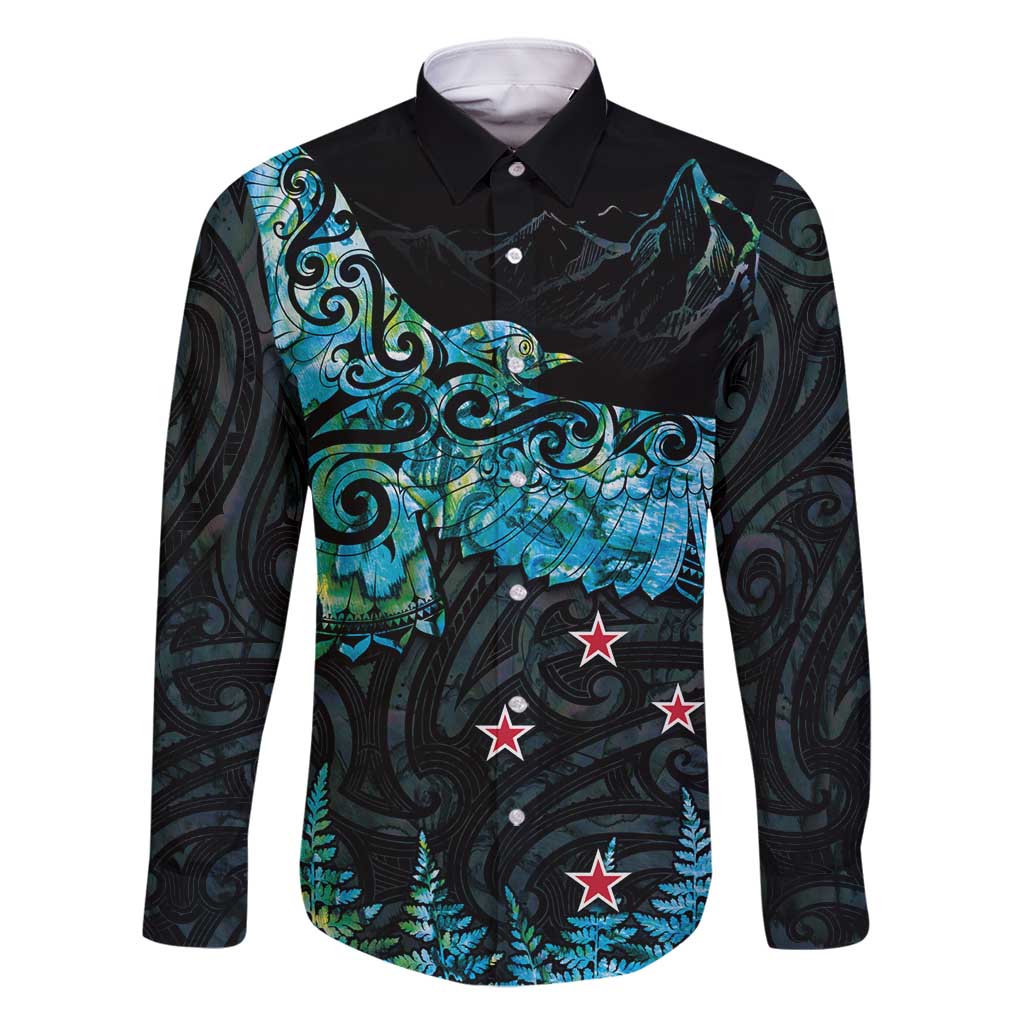 New Zealand Kea Bird Family Matching Off Shoulder Maxi Dress and Hawaiian Shirt Maori Tattoo and Silver Fern Paua Shell Style LT03 Dad's Shirt - Long Sleeve Black - Polynesian Pride