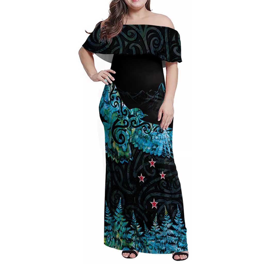 New Zealand Kea Bird Family Matching Off Shoulder Maxi Dress and Hawaiian Shirt Maori Tattoo and Silver Fern Paua Shell Style LT03 Mom's Dress Black - Polynesian Pride
