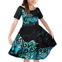 New Zealand Kea Bird Family Matching Off Shoulder Short Dress and Hawaiian Shirt Maori Tattoo and Silver Fern Paua Shell Style LT03 Daughter's Dress Black - Polynesian Pride