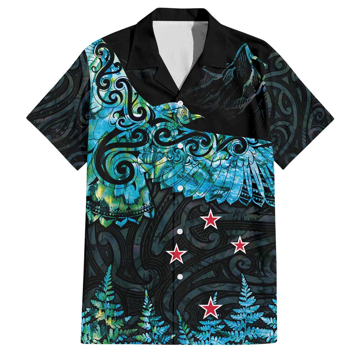 New Zealand Kea Bird Family Matching Off Shoulder Short Dress and Hawaiian Shirt Maori Tattoo and Silver Fern Paua Shell Style LT03 Dad's Shirt - Short Sleeve Black - Polynesian Pride