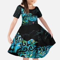 New Zealand Kea Bird Family Matching Puletasi and Hawaiian Shirt Maori Tattoo and Silver Fern Paua Shell Style LT03 Daughter's Dress Black - Polynesian Pride
