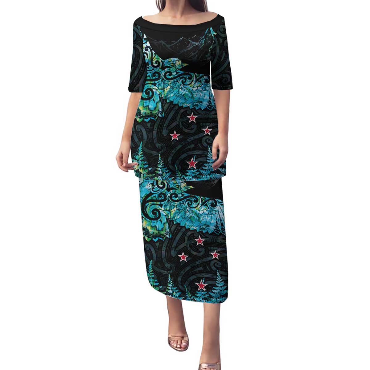 New Zealand Kea Bird Family Matching Puletasi and Hawaiian Shirt Maori Tattoo and Silver Fern Paua Shell Style LT03 Mom's Dress Black - Polynesian Pride