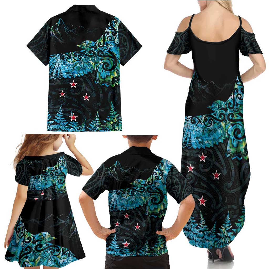 New Zealand Kea Bird Family Matching Summer Maxi Dress and Hawaiian Shirt Maori Tattoo and Silver Fern Paua Shell Style LT03 - Polynesian Pride