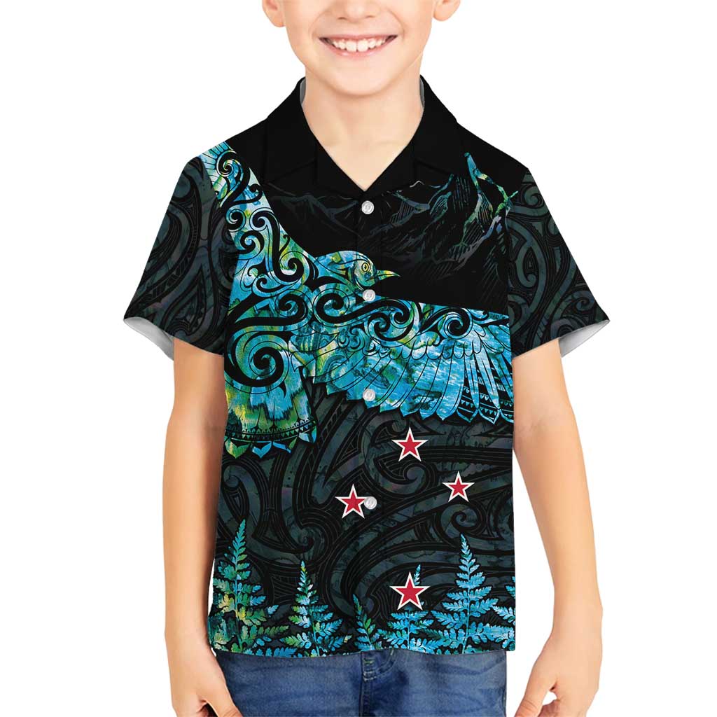 New Zealand Kea Bird Family Matching Summer Maxi Dress and Hawaiian Shirt Maori Tattoo and Silver Fern Paua Shell Style LT03 Son's Shirt Black - Polynesian Pride