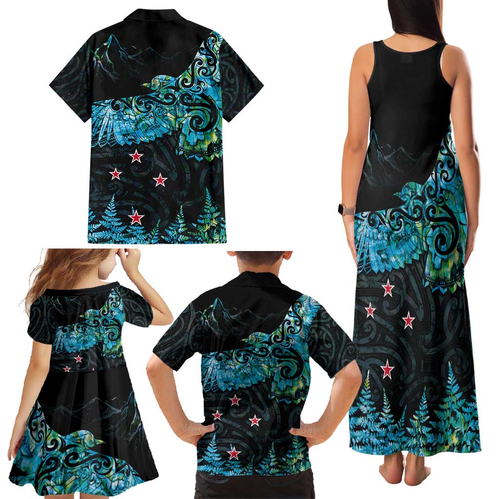 New Zealand Kea Bird Family Matching Tank Maxi Dress and Hawaiian Shirt Maori Tattoo and Silver Fern Paua Shell Style LT03 - Polynesian Pride