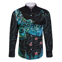 New Zealand Kea Bird Family Matching Tank Maxi Dress and Hawaiian Shirt Maori Tattoo and Silver Fern Paua Shell Style LT03 Dad's Shirt - Long Sleeve Black - Polynesian Pride